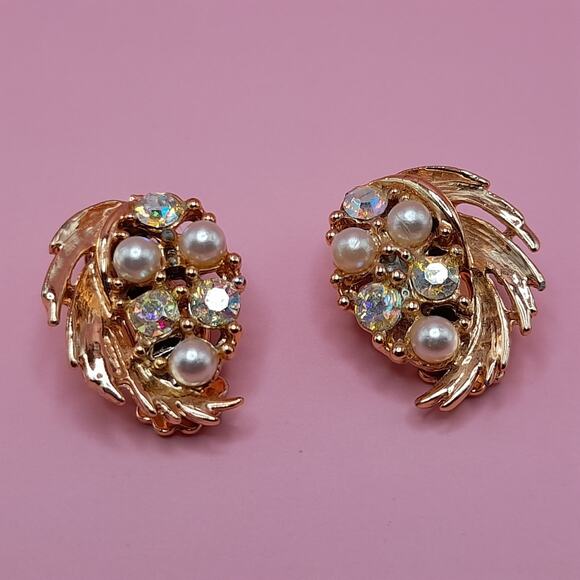 Vintage Clip Earrings, Gold Tone, Aurora Borealis Crystals, Faux Pearls, 1960s - Picture 1 of 9